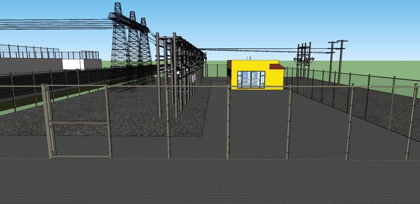 Vit Tall 3D engineering rendering of an electrical substation and its adjacent yard