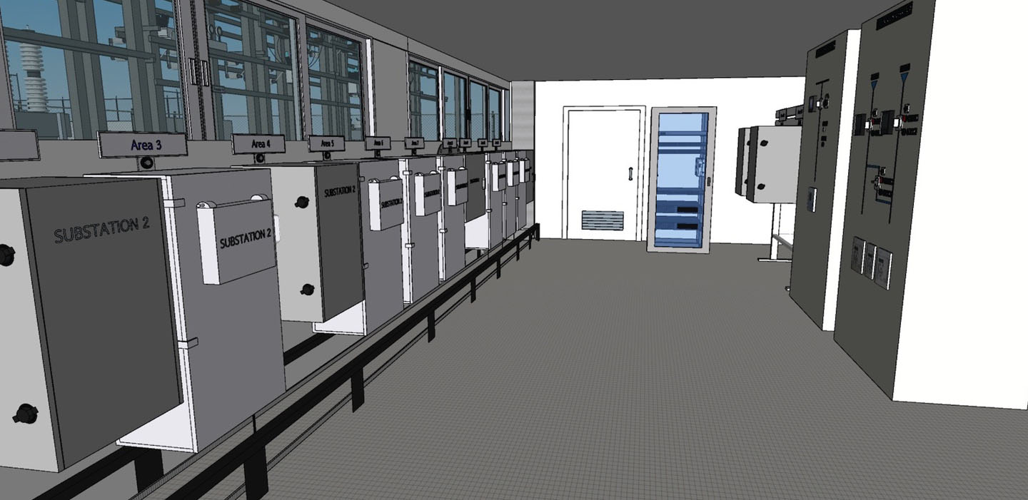 Vit Tall 3D engineering rendering of the industrial systems located within the interior of an electrical substation