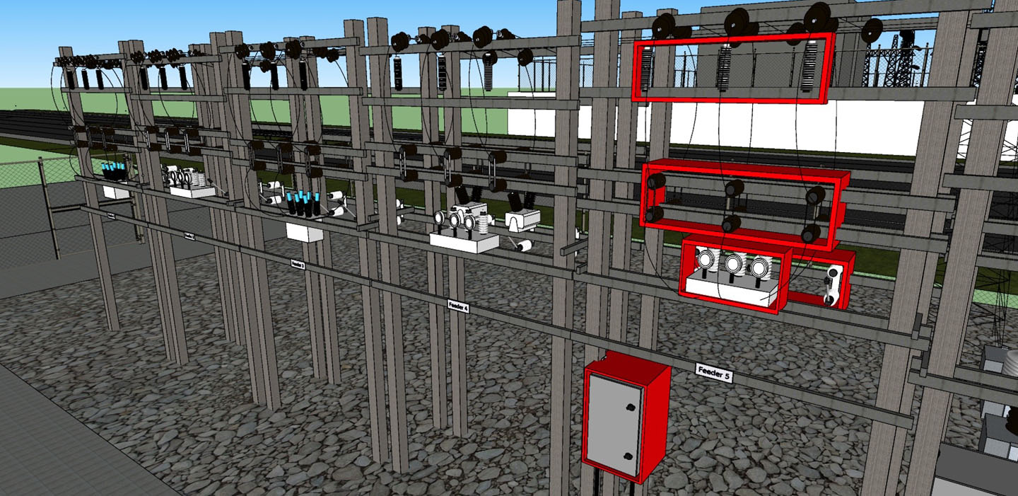 Vit Tall 3D engineering rendering of electrical components residing within a substation yard